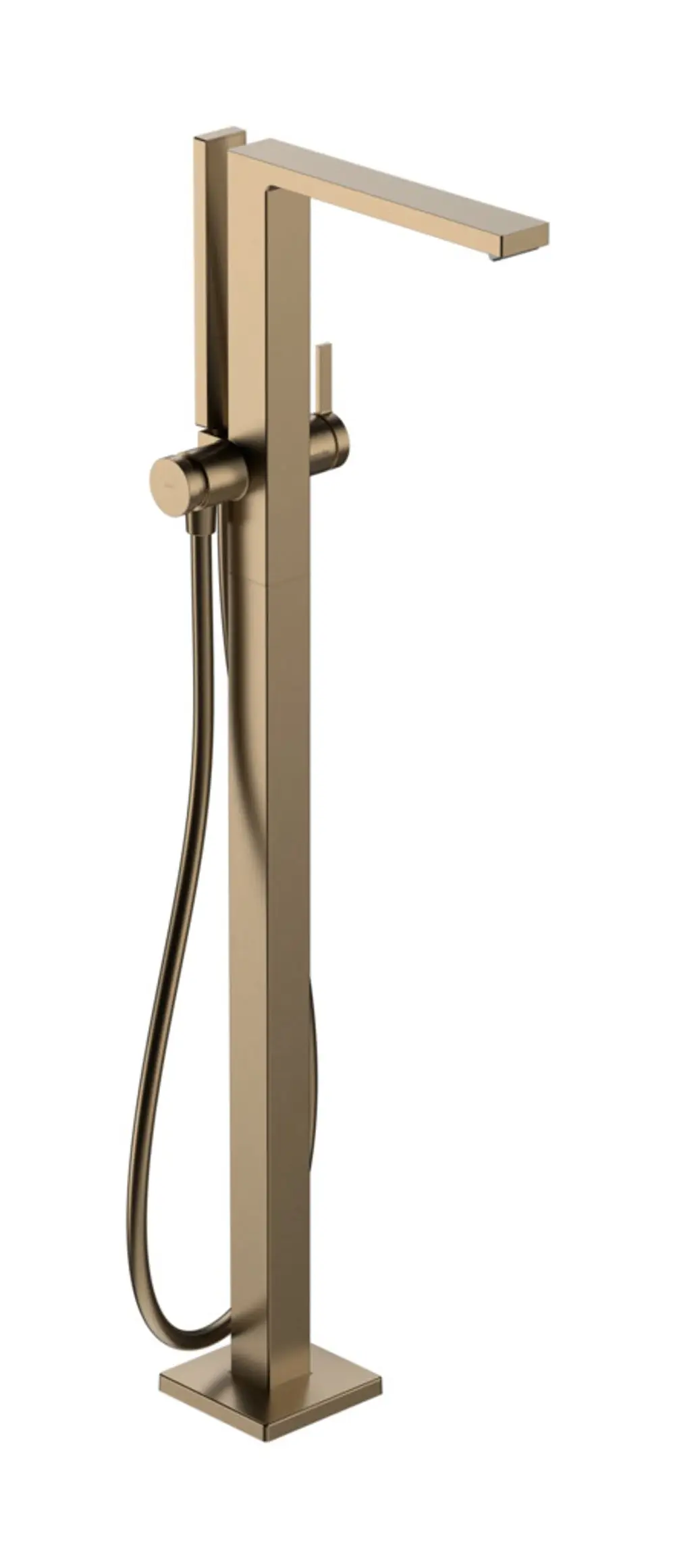 Hochstehender Wannenmischer in gebürstetem Bronze-Finish von Hansgrohe, mit ausziehbarem Handbrauseanschluss und präziser Bedienung.